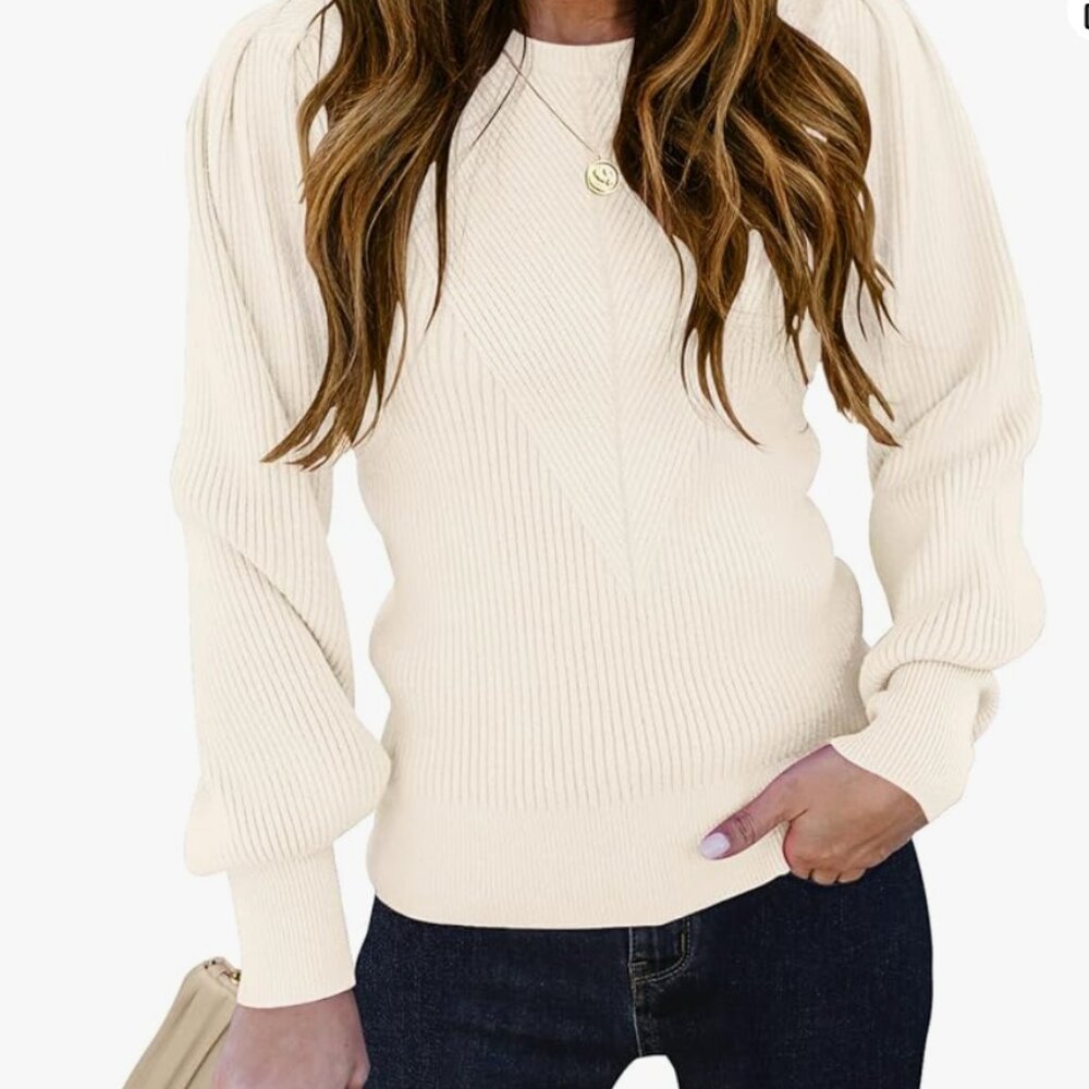 TECREW |  Women's Puff Sleeve Crew Neck Pullover Sweater | Cream | Size:…